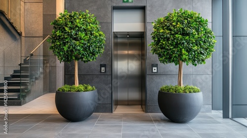 Two modern planters house decorative trees in a contemporary office lobby.