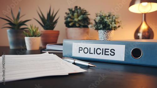 Policies binder sits on a desk with plants a lamp papers and a pen suggesting organization and attention to detail.