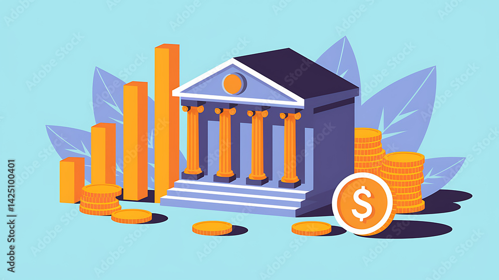Obraz premium Stylized illustration of a bank building with coins bar graph and foliage showcasing financial growth.
