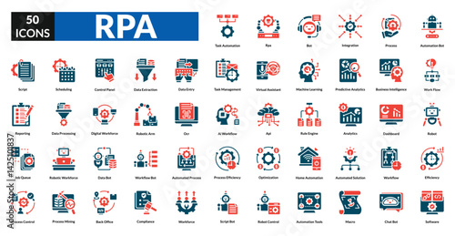 RPA (Robotic Process Automation) fill icon collection set. Includes automation, robot, workflow, technology, process, efficiency, system, artificial intelligence, integration, machine, data, task