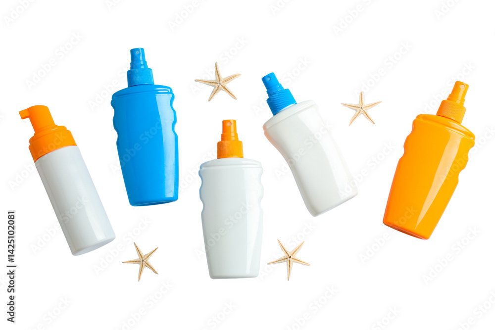 Sunscreen bottles show summer skin protection essentials, isolated on white, PNG