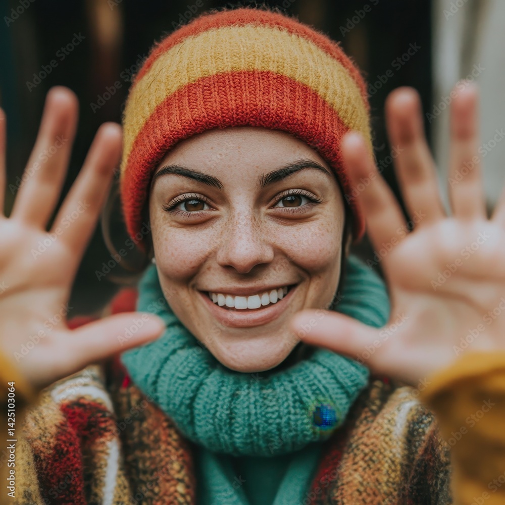 Radiant woman with freckles beams at the camera, framing her face with outstretched hands while wearing a colorful knit hat and scarf Radiant woman with freckles beams at the camera, framing her face with outstretched hands while wearing a colorful knit hat and scarf