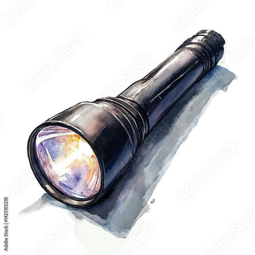 Flashlight with adjustable beam, watercolor illustration, isolated on a white background.

