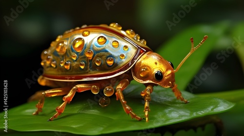 A dazzling Golden Tortoise Beetle resting on a tropical leaf, its metallic golden shell glistening under the morning dew. The intricate details of its body shine against the lush jungle backdrop.