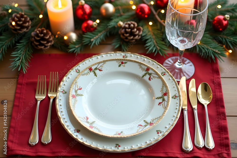 Festive Holiday Table Setting with Elegant China and Golden Utensils Ready for a Special Meal, Creating a Warm and Inviting Atmosphere for Celebration Festive Holiday Table Setting with Elegant China and Golden Utensils Ready for a Special Meal, Creating a Warm and Inviting Atmosphere for Celebration