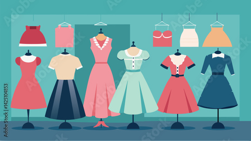 A curated vintage collection of handpicked dresses each with its own unique design and charm awaits fashionable shoppers in the boutique.. Vector illustration