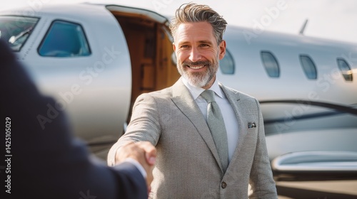 A smiling businessman in a grey suit shaking hands with another businessman on a private jet, a medium shot. 