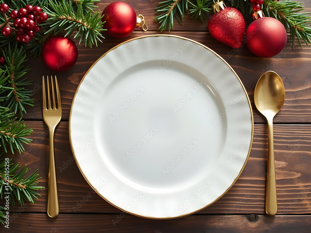 Festive Holiday Table Setting with Elegant White Plate, Golden Cutlery, and Evergreen Decorations on Rustic Wood, Perfect for Christmas or Thanksgiving Meals Festive Holiday Table Setting with Elegant White Plate, Golden Cutlery, and Evergreen Decorations on Rustic Wood, Perfect for Christmas or Thanksgiving Meals