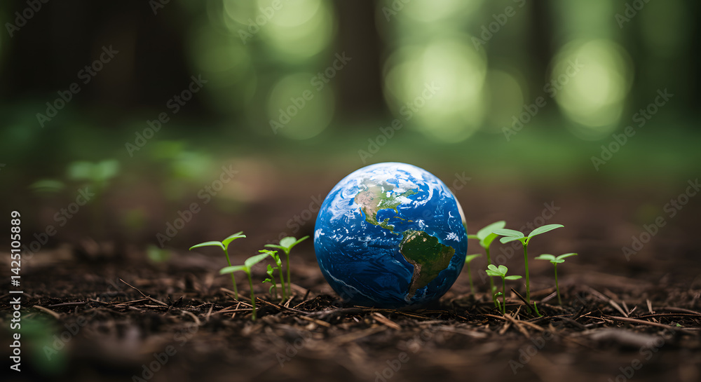 Miniature earth nestled in soil with growing green plant. Sustainable development and ecological awareness. Place for text. Concept World Environment Day Miniature earth nestled in soil with growing green plant. Sustainable development and ecological awareness. Place for text. Concept World Environment Day