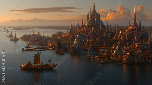 Coastal fantasy city at sunset, ships at harbor, distant mountains, potential use game design or fantasy novel illustration