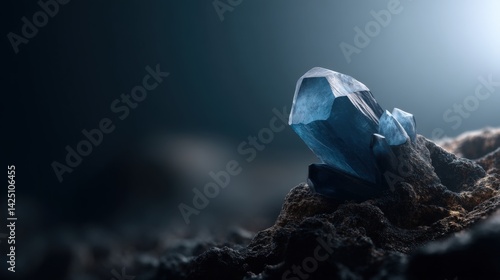 Cinematic shot of an isolated blue crystal on dark rock, with moody, dark lighting, depth of field, volumetric light, soft focus