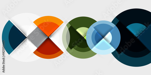 Abstract geometric composition. Overlapping circles, segments create dynamic visual flow. Modern design utilizes vibrant colors, shadows for depth. Clean aesthetic.