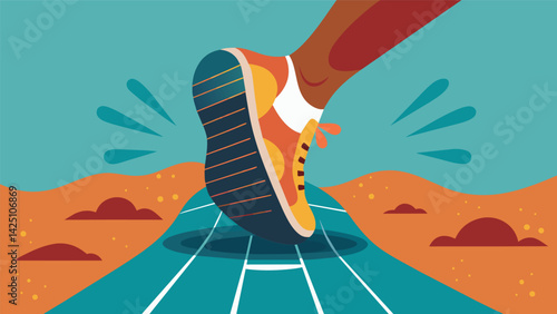 A runners feet sinking slightly into a plush forgiving track surface giving them the confidence to challenge their speed and endurance without. Vector illustration