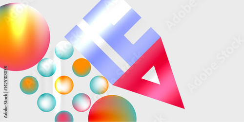 Abstract composition featuring vibrant spheres, geometric shapes. Red triangle dominates right side, blue rectangles intersect. Gradient colors create depth, modern aesthetic. Light reflects off surfa