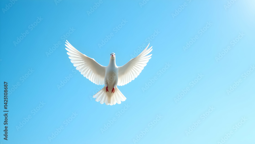 Graceful flight, A pristine white dove soars through a serene azure sky, embodying peace, freedom, and hope with its outstretched wings against the vibrant expanse Graceful flight, A pristine white dove soars through a serene azure sky, embodying peace, freedom, and hope with its outstretched wings against the vibrant expanse