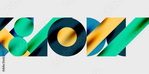 Abstract typography spells NOW using layered shapes, vibrant colors. Design features overlapping elements, creating dynamic visual effect. Modern aesthetic, clean background.