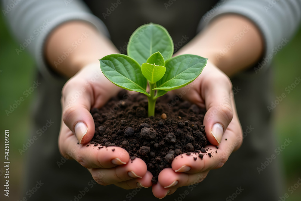 Hands gently holding a young plant seedling with lush green leaves and rich soil offering a hopeful symbol of growth and environmental stewardship Hands gently holding a young plant seedling with lush green leaves and rich soil offering a hopeful symbol of growth and environmental stewardship
