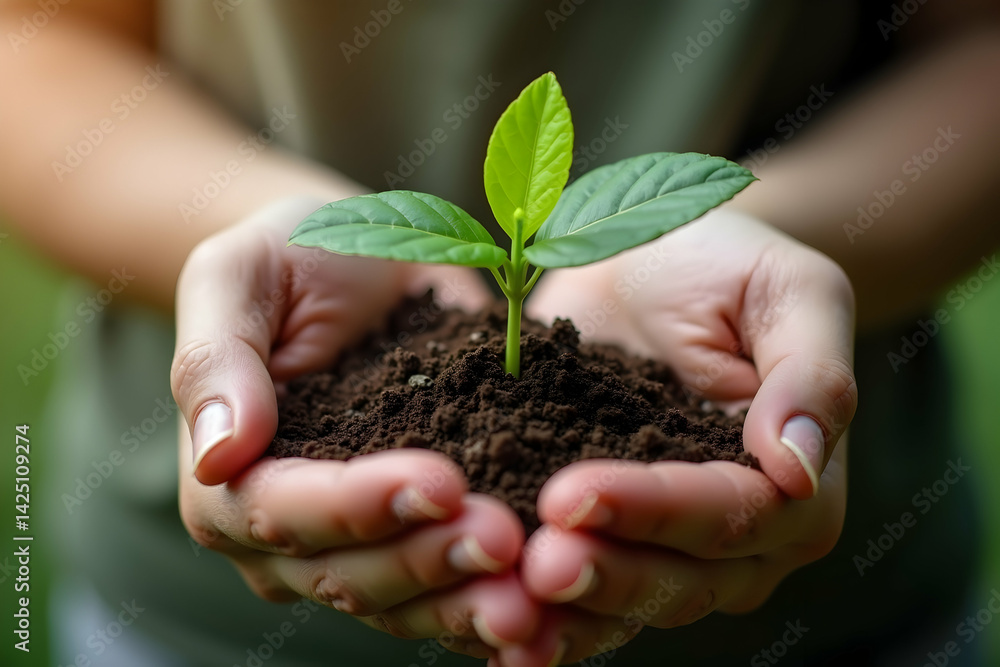Hands Nurturing a Sprout, Symbol of Growth, Sustainability, and New Beginnings with Space Above for Inspirational Message or Branding Hands Nurturing a Sprout, Symbol of Growth, Sustainability, and New Beginnings with Space Above for Inspirational Message or Branding