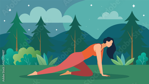 A woman in childs pose her mind still and her body relaxed as she listens to the serene nature sounds of a forest while practicing yoga outdoors.. Vector illustration