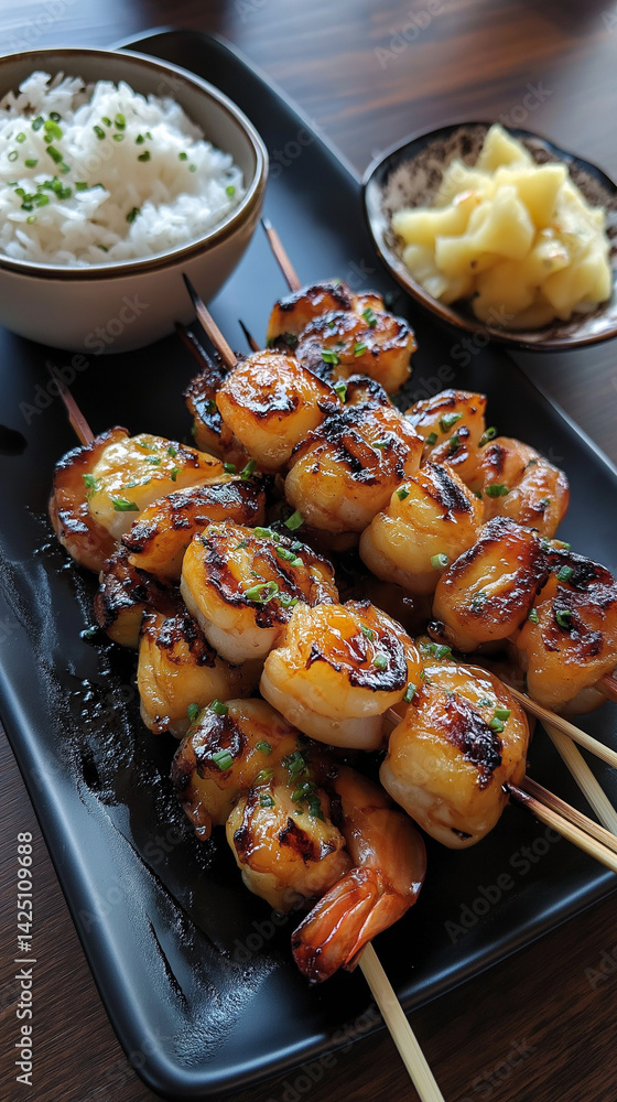 Grilled shrimp on skewers with rice