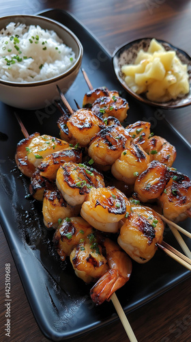 Grilled shrimp on skewers with rice
