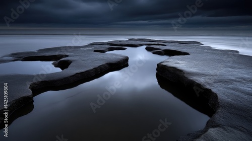 Dark, tranquil coastal rock formations reflecting the sky