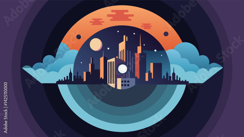A futuristic cityscape emerges from the center of a vinyl record hinting at a scifi story hidden within the lyrics of a futuristic band. Vector illustration