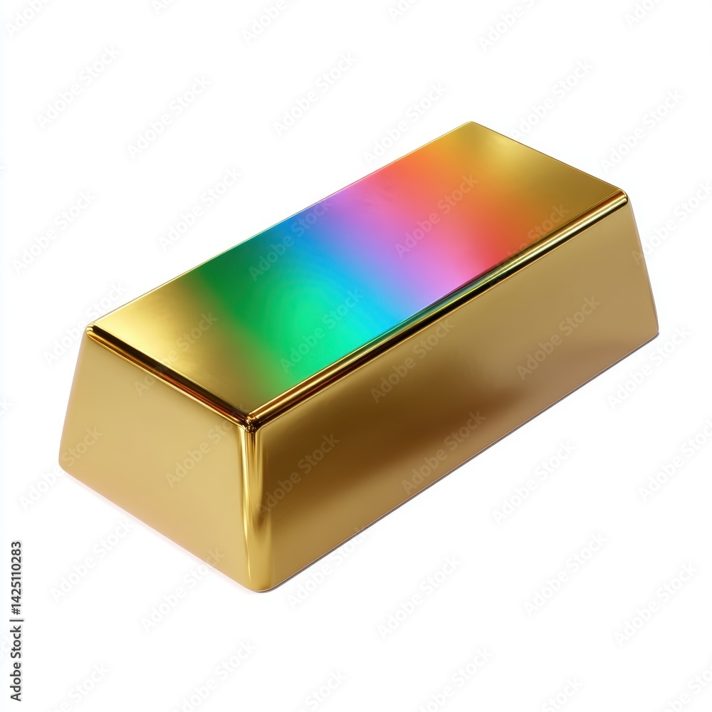 A shiny gold bar reflecting a spectrum of colors, showcasing its smooth surface and geometric shape. A shiny gold bar reflecting a spectrum of colors, showcasing its smooth surface and geometric shape.