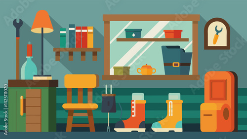 A cozy corner of the shop is dedicated to restoring and repairing vintage ski boots with old tools and equipment on display.. Vector illustration