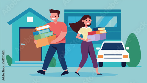 A couple happily leaves a garage sale with a collection of vintage books they snagged for a steal.. Vector illustration
