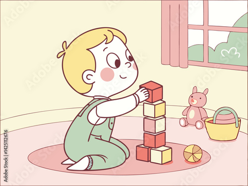 Cartoon Illustration of a Toddler Playing with Building Blocks in a Child's Room, Cute Kid Activity, Colorful Toys, Vector Design