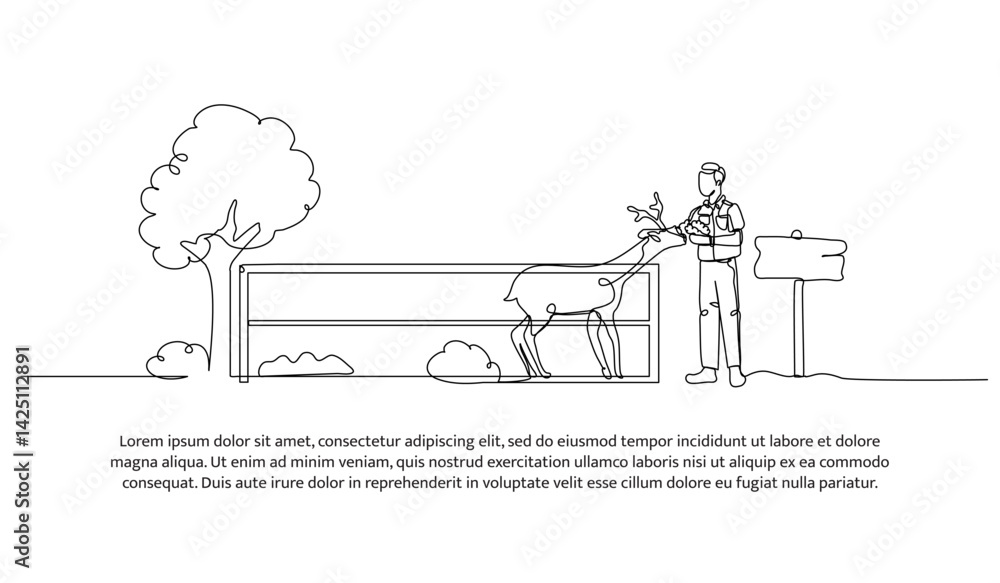 Fototapeta premium Continuous one line design of wildlife rescue volunteer feeding deer. Minimalist style vector illustration on white background.