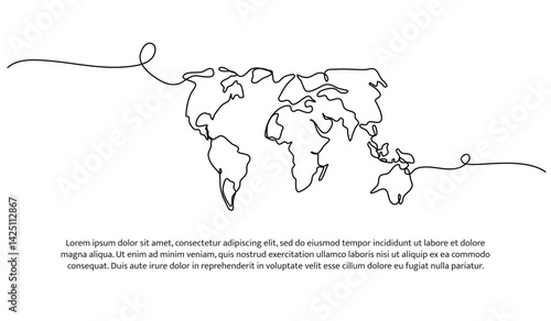 Continuous one line design of World Map. Minimalist style vector illustration on white background.