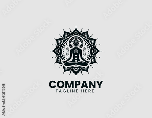 Meditating Figure Adorned Chakra Symbols Vector Logo Design