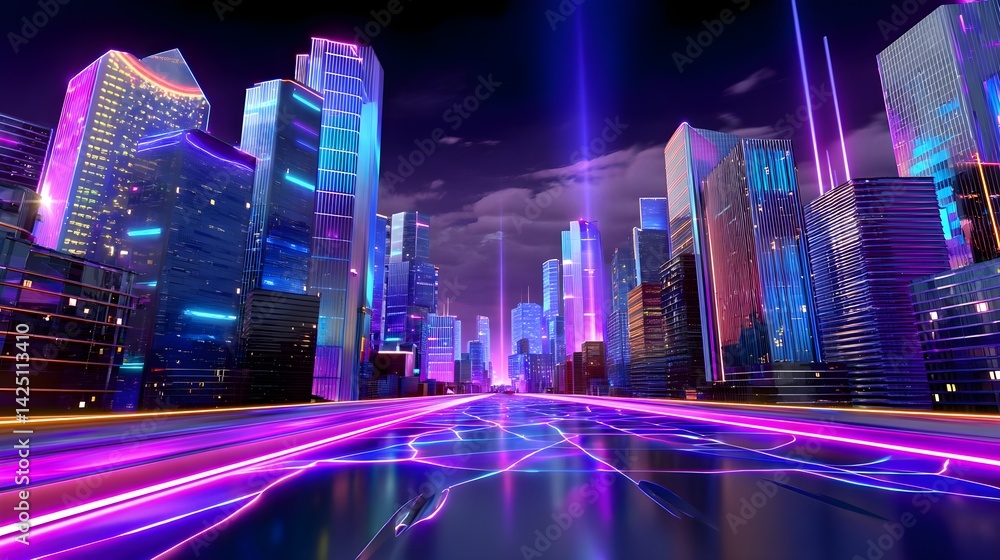 Fototapeta premium Neon Cityscape: Futuristic Nightscape Highway - Cyberpunk aesthetics