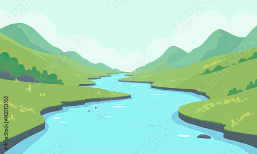 Serene River Valley Landscape Illustration - Minimalist design