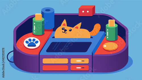 A multifunctional pet bed with integrated storage compartments and charging docks for all your pets devices and accessories.. Vector illustration