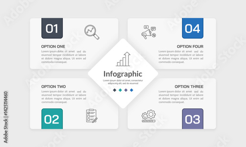 Infographic system business with four steps or options. Process, Strategy, Planning and Presentation. Vector illustration.
