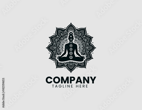 Meditating Figure Adorned Chakra Symbols Vector Logo Design