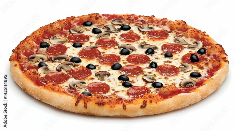 Delicious pizza with pepperoni, mushrooms, and olives on white background. Possible use stock image for food delivery services or restaurant menus Delicious pizza with pepperoni, mushrooms, and olives on white background. Possible use stock image for food delivery services or restaurant menus