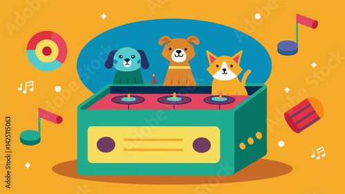 A music box with a variety of interchangeable discs that play different melodies and sounds to entertain and soothe pets.. Vector illustration