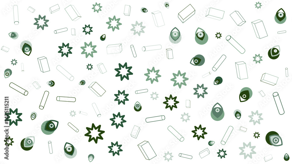 Seamless pattern featuring green stars, eyes, and rectangles. Suitable for fabric designs, backgrounds, wrapping paper, and digital animation projects. Seamless pattern featuring green stars, eyes, and rectangles. Suitable for fabric designs, backgrounds, wrapping paper, and digital animation projects.