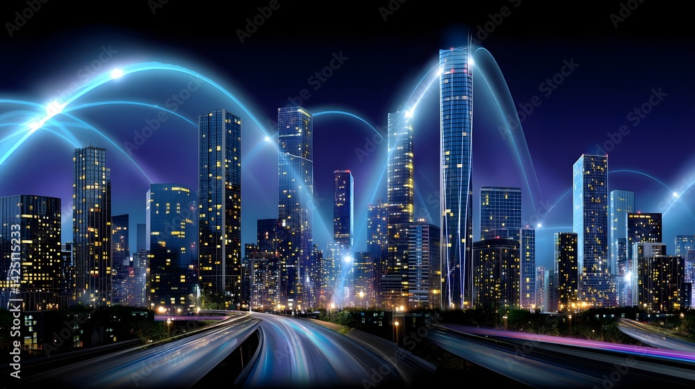 Fototapeta premium Futuristic Cityscape at Night, Smart City - Smart Cities