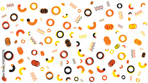 Pattern of orange, black, and yellow geometric shapes on white background. Suitable for backgrounds, packaging design, and abstract concepts.
