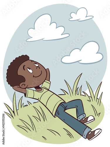Boy Lying on Grass Looking at Clouds Cartoon Illustration: Relaxing Outdoors, Child Dreaming, Nature Scene, Vector Art, Children's Book Style