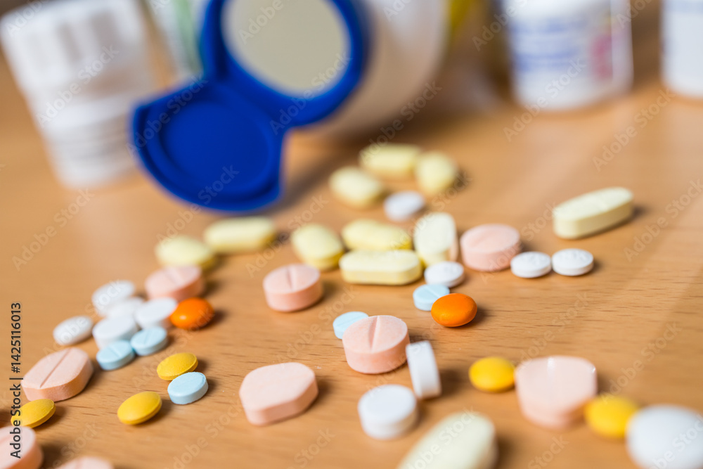 Scattered pharmaceutical pills with open bottle