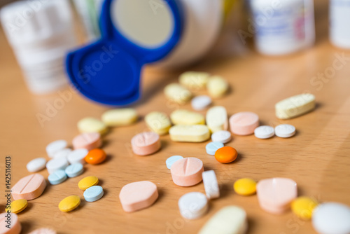 Obraz na płótnie Scattered pharmaceutical pills with open bottle w salonie
