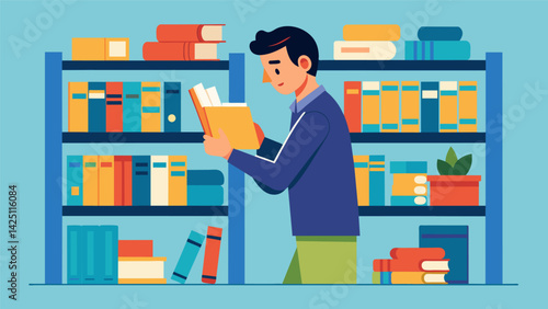A book fair employee carefully organizing shelves of chapter books making sure every title is easily accessible for young readers.. Vector illustration