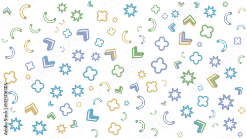 Pattern of colorful shapes and stars on a white background suitable for backgrounds, digital design, cards, packaging, textiles, and stationery.