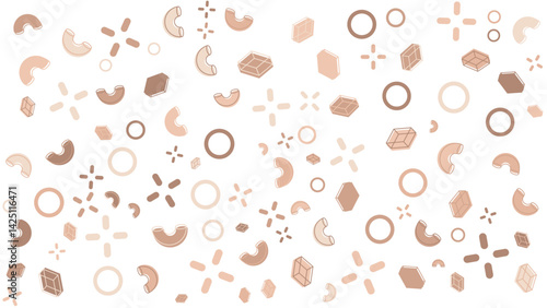 Pattern of various geometric shapes and pasta. Suitable for food blogs, kitchen decor, graphic design projects, and textile prints.